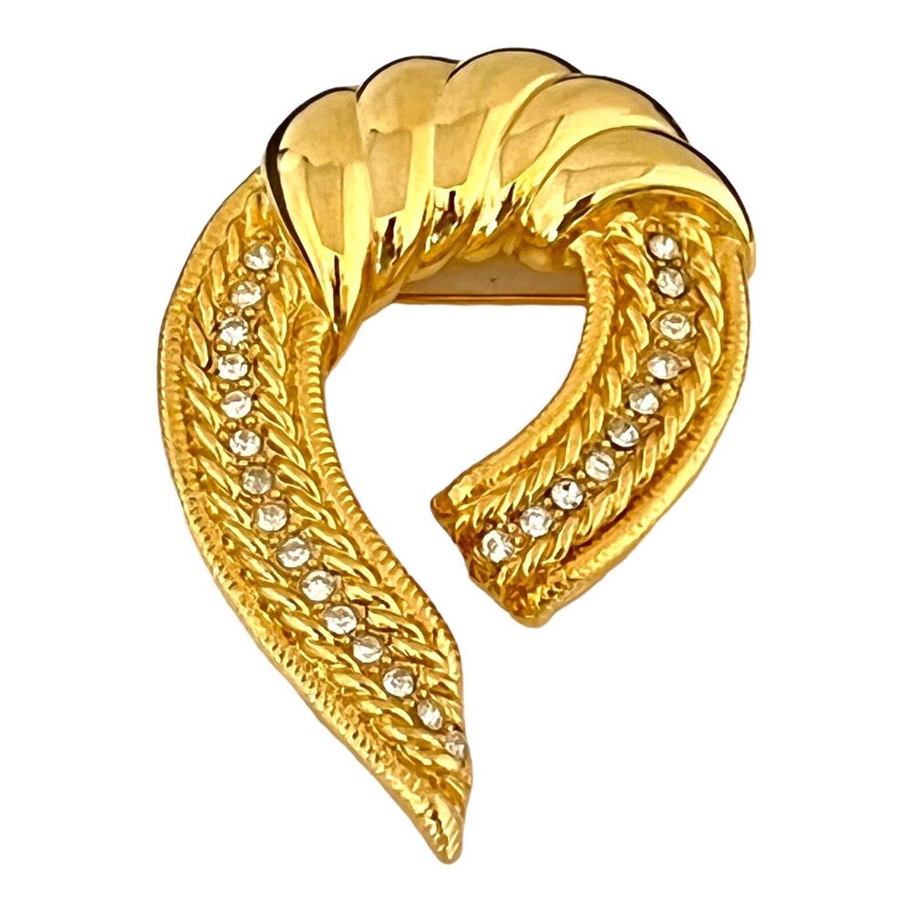 Vintage 1980s Abstract Brooch Crystal Gold Tone Statement - 4C